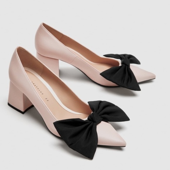 Zara Shoes - NWT Zara Pastel Pink Bow Pointed Block Heels Pumps